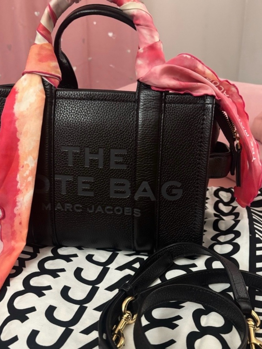 Marc Jacobs Black Pebbled Leather Tote with Pink Scarf